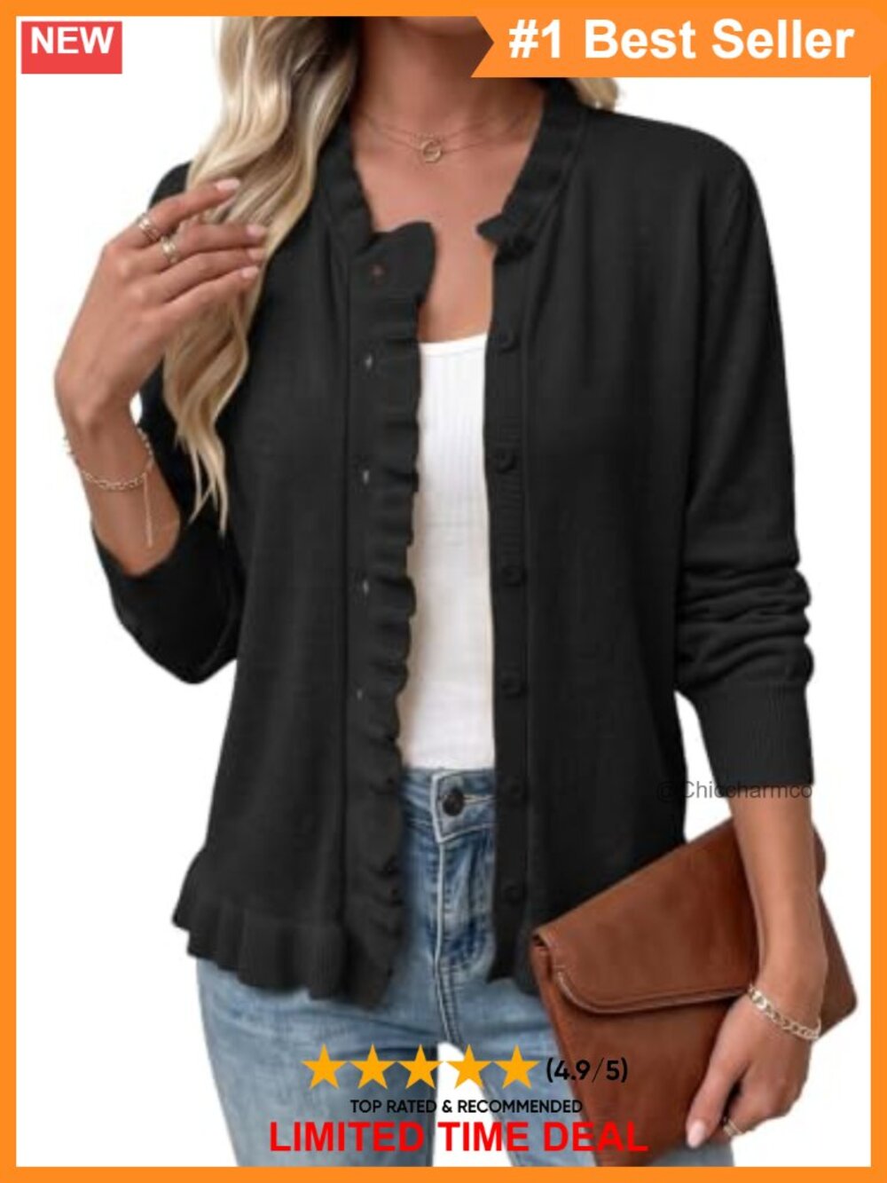 Ruffle Trim Button Front Knit Cardigan Sweater Lightweight Ruffle